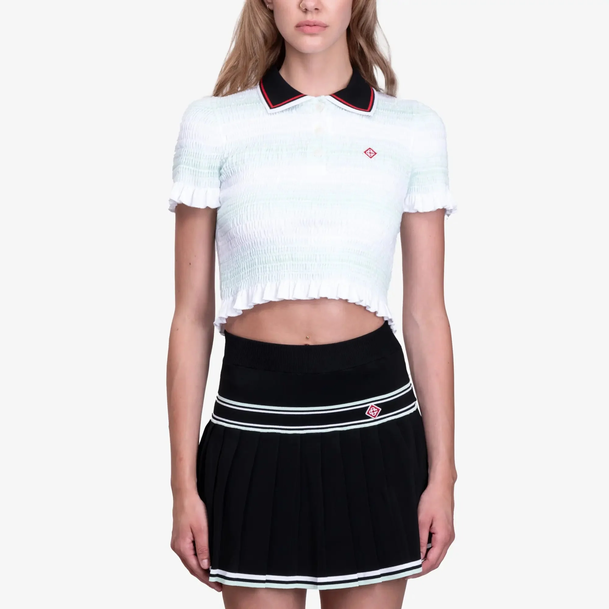 Womens Stripe Shirred Polo